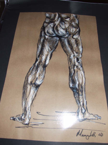 Schilderij getiteld "Mans Legs Ink On Pa…" door Richard Mangold, Origineel Kunstwerk, Olie