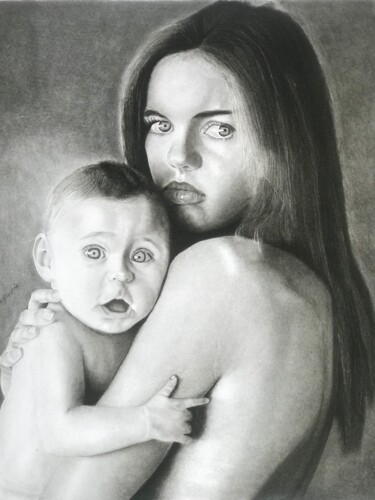 A mother’s love Dessin intitulée "A mother’s love" par Richard Amankwah, Œuvre d'art originale, Fusain