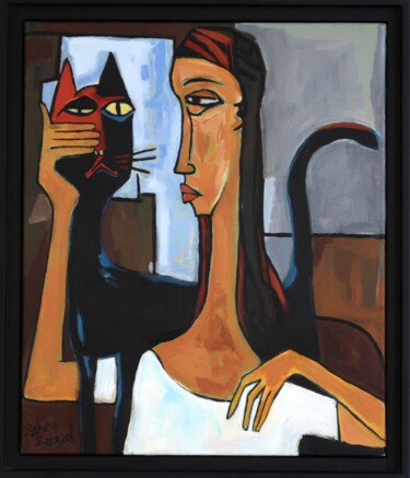 Pittura intitolato "LA FILLE AU CHAT" da Richard Boigeol, Opera d'arte originale, Acrilico Montato su Telaio per barella in…