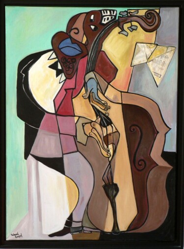 Painting titled "LE CONTREBASSISTE" by Richard Boigeol, Original Artwork, Acrylic Mounted on Wood Stretcher frame