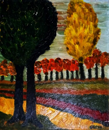 Painting titled "Automne" by Richard Gillet, Original Artwork, Oil Mounted on Cardboard