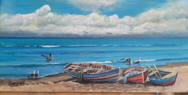 Pintura titulada "Botes en la playa" por Richard Greswell, Obra de arte original, Acrílico