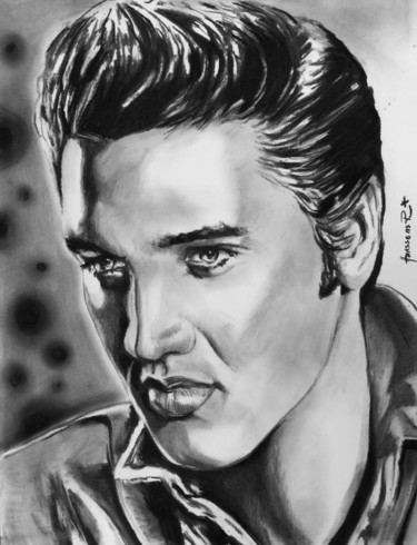 Dessin intitulée "Elvis Presley" par Richard Hanssens, Œuvre d'art originale, Fusain