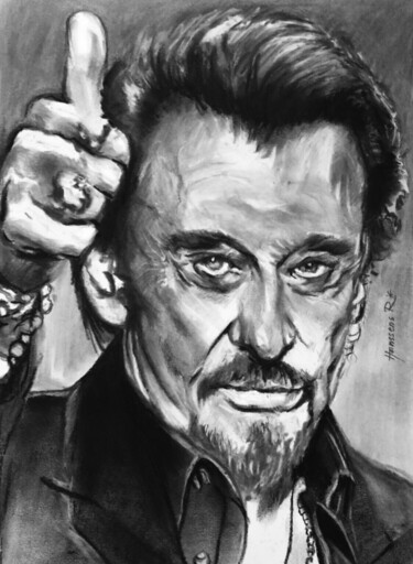 Tekening getiteld "Johnny Hallyday (3)" door Richard Hanssens, Origineel Kunstwerk, Houtskool