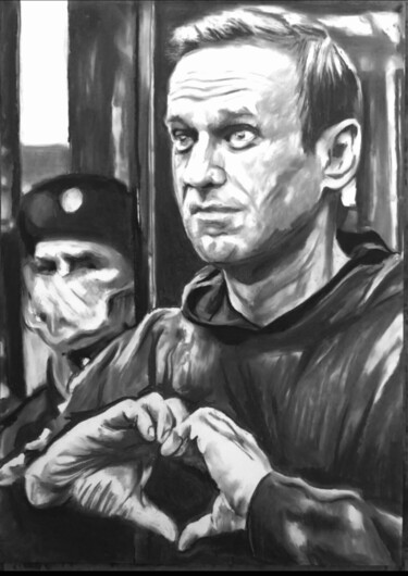 Dessin intitulée "Alexeï Navalny" par Richard Hanssens, Œuvre d'art originale, Fusain