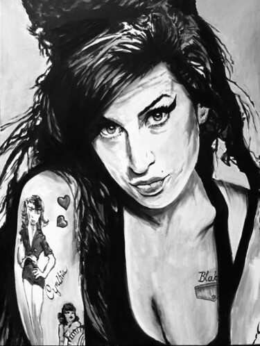 Malerei mit dem Titel "Amy Winehouse" von Richard Hanssens, Original-Kunstwerk, Öl Auf Keilrahmen aus Holz montiert