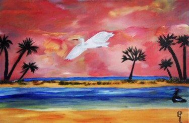 Painting titled "Egret in Flight" by Richard Heiens, Original Artwork, Acrylic