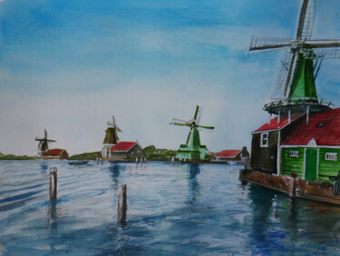 Peinture intitulée "Zaanse Schans Windm…" par Richard Lawrence, Œuvre d'art originale, Aquarelle