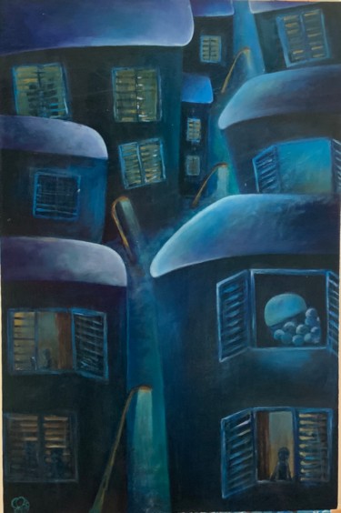 Painting titled "Couvre-feu urbain e…" by Richard Lorimier, Original Artwork, Acrylic Mounted on Other rigid panel