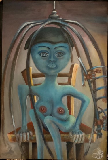 Painting titled "Woman in cage , wai…" by Richard Lorimier, Original Artwork, Acrylic Mounted on Other rigid panel