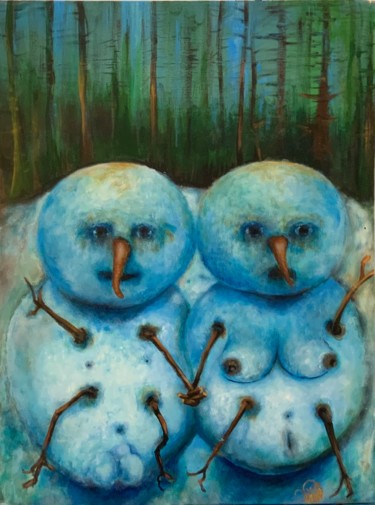 Painting titled "Snow couple 3" by Richard Lorimier, Original Artwork, Acrylic Mounted on Other rigid panel