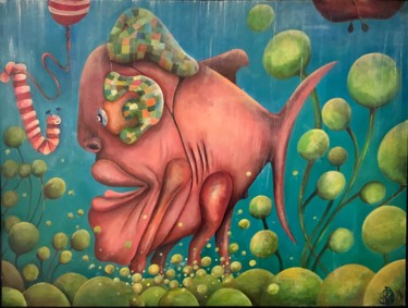 Painting titled "Atomic fish and fis…" by Richard Lorimier, Original Artwork, Acrylic Mounted on Other rigid panel