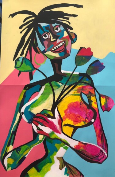 Peinture intitulée "Sourire et fleur" par Lusak'S, Œuvre d'art originale, Acrylique