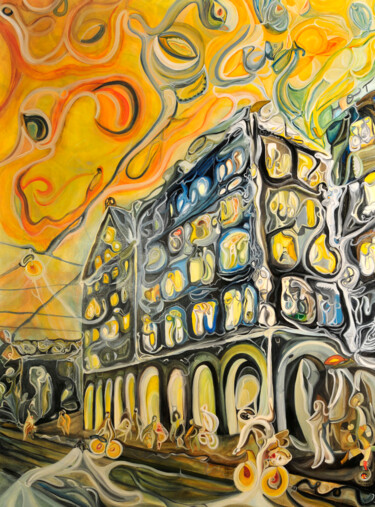Pintura titulada "© Títol: Ciudad en…" por Richard Martin Vidal, Obra de arte original, Oleo Montado en Bastidor de camilla…