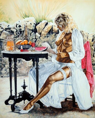 Painting titled "Breakfast on the be…" by Richard Murrin, Original Artwork, Oil