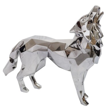 Sculptuur getiteld "Silver Howling Wolf" door Richard Orlinski, Origineel Kunstwerk, Aluminium