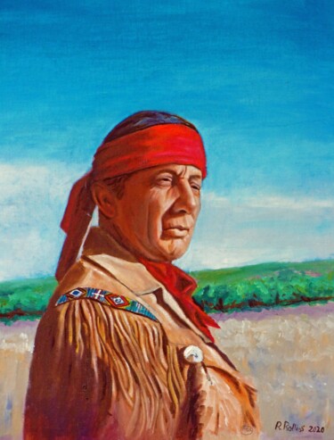 Painting titled "Apache War Chief" by Richard Rollins, Original Artwork, Digital Painting Mounted on Wood Stretcher frame