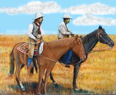 Pintura titulada "Cowboys on the range" por Richard Rollins, Obra de arte original, Pintura Digital Montado en Bastidor de c…