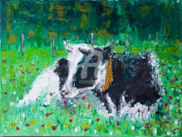Peinture intitulée "Vache dans le pré" par Richard Walter, Œuvre d'art originale, Huile