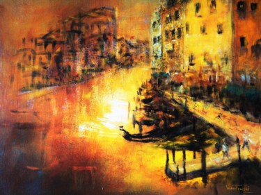Painting titled "soir à Venise" by Richard Waniowski, Original Artwork, Acrylic Mounted on Cardboard