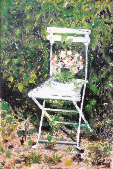 Painting titled "Chaise de jardin au…" by Dominique Richard, Original Artwork, Oil