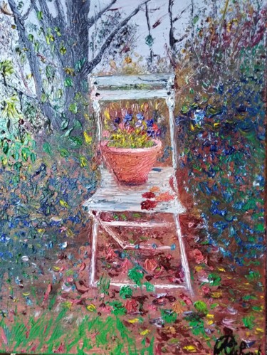 Painting titled "Chaise de jardin -…" by Dominique Richard, Original Artwork, Oil