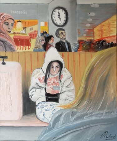 Картина под названием "En attendant le tra…" - Dominique Richard, Подлинное произведение искусства, Масло
