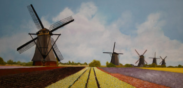 Schilderij getiteld "Windmills and flowe…" door Richard Post, Origineel Kunstwerk, Olie