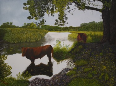 Schilderij getiteld "Two oxen by morning" door Richard Post, Origineel Kunstwerk, Olie