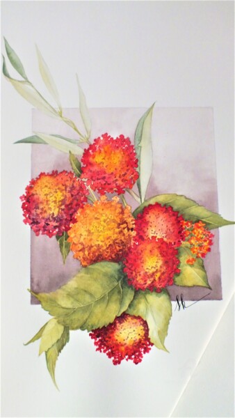 Painting titled ""Lantanas et rameau…" by Solveig Gnéma-Richard, Original Artwork, Watercolor