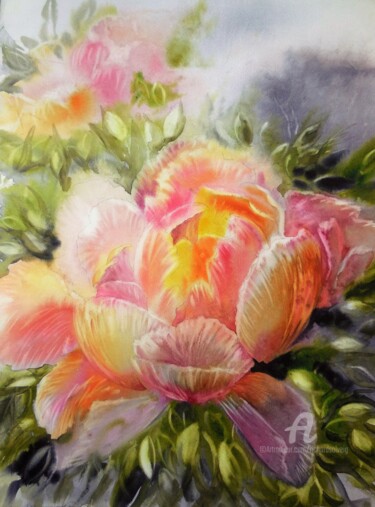 Schilderij getiteld ""Paeonia "" door Solveig Gnéma-Richard, Origineel Kunstwerk, Aquarel