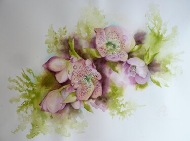 Painting titled "Floraison d'héllébo…" by Solveig Gnéma-Richard, Original Artwork, Watercolor