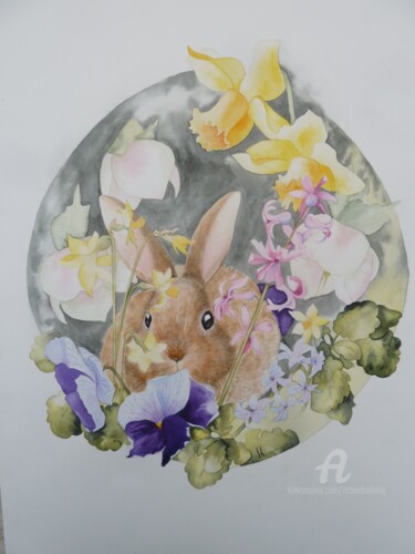 Peinture intitulée "" Le lapin de Pâque…" par Solveig Gnéma-Richard, Œuvre d'art originale, Aquarelle