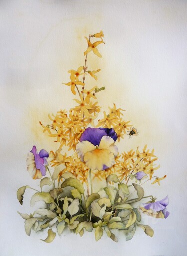 Malerei mit dem Titel ""  Le printemps mal…" von Solveig Gnéma-Richard, Original-Kunstwerk, Aquarell
