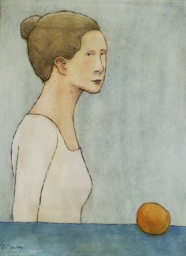 Painting titled "Woman with Orange" by Rick Shorten, Original Artwork, Oil Mounted on Other rigid panel