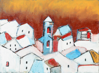 Painting titled "VILLAGE ANDALOU" by Guy Rieutort, Original Artwork, Oil Mounted on Wood Stretcher frame