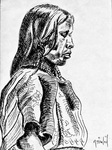 Drawing titled "Amérindienne K'iche" by Guy Rieutort, Original Artwork