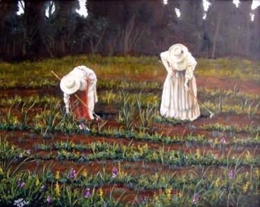 Malerei mit dem Titel "Two women in the fi…" von Steven Riggs, Original-Kunstwerk