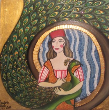 Peinture intitulée "fenêtre dorée" par Rihab Blrs, Œuvre d'art originale, Huile Monté sur Châssis en bois