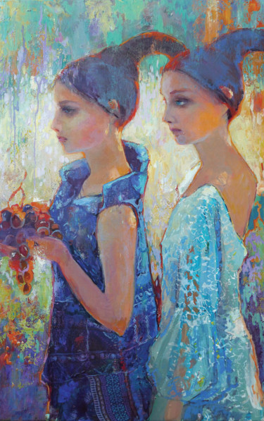 Painting titled "Girls with grapes" by Olga Rikun, Original Artwork, Oil Mounted on Wood Stretcher frame