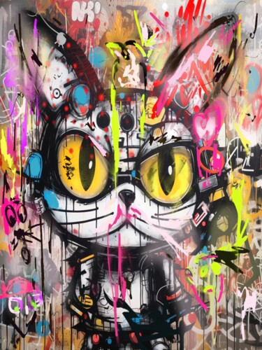 Malerei mit dem Titel "Mad cat" von Rim'S, Original-Kunstwerk, Digitale Malerei Auf Keilrahmen aus Holz montiert
