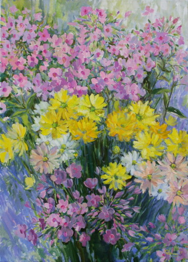 Painting titled "Yellow and Pink flo…" by Rima Azatyan, Original Artwork, Oil