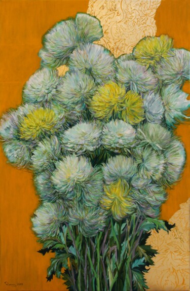 Pintura intitulada "White Chrysanthemums" por Rima Azatyan, Obras de arte originais, Óleo