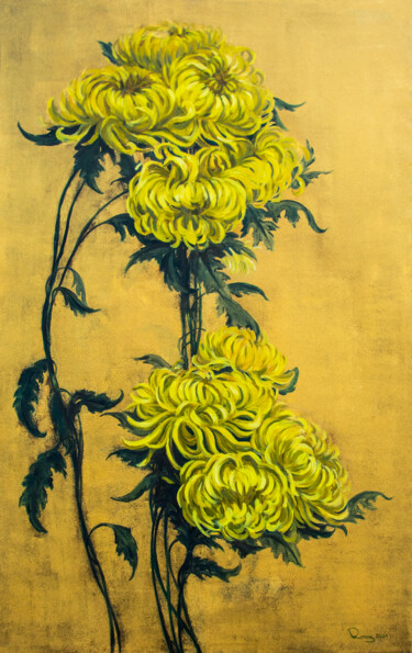 Pintura intitulada "Yellow Chrysanthemu…" por Rima Azatyan, Obras de arte originais, Óleo