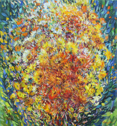 Painting titled "Gerbera" by Rima Azatyan, Original Artwork, Oil Mounted on Wood Stretcher frame