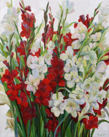Painting titled "Red and White Gladi…" by Rima Azatyan, Original Artwork, Oil
