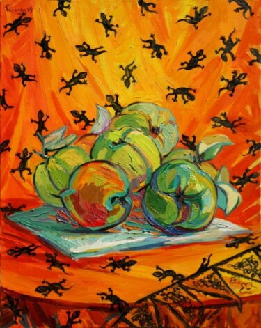 Painting titled "Quinces on the shawl" by Rima Azatyan, Original Artwork, Oil
