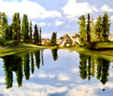 Painting titled "mirror lake" by Rimma Tagirova, Original Artwork, Oil