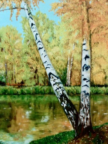 Painting titled "Birches in autumn" by Rimma Tagirova, Original Artwork, Oil