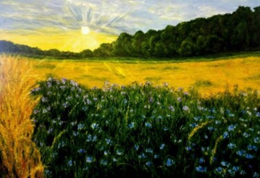 Painting titled "Landscape Cornflowe…" by Rimma Tagirova, Original Artwork, Oil